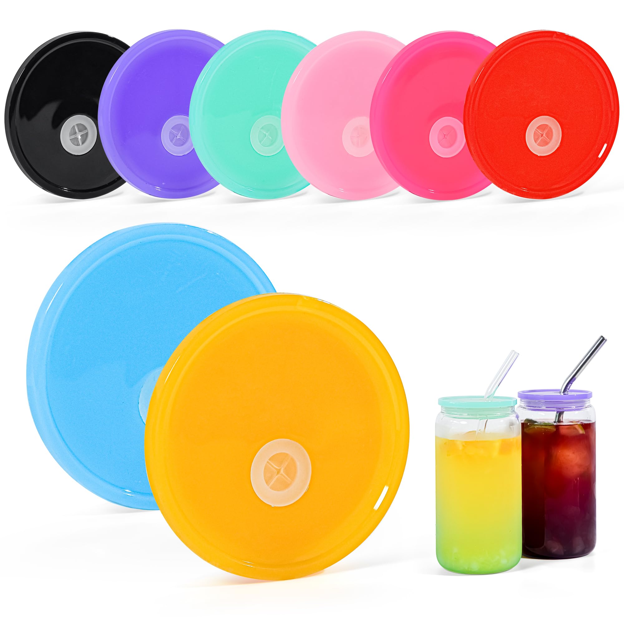 Photo 1 of ** MISSING ONE**FECBK 8 Pcs Acrylic Lids for 16 oz Glass Cups Plastic Tumbler Replacement Lids Spill Proof Reusable Glass Cup Lid for Beer Can Iced Coffee Cups Drinking Glasses - Multi-Colored