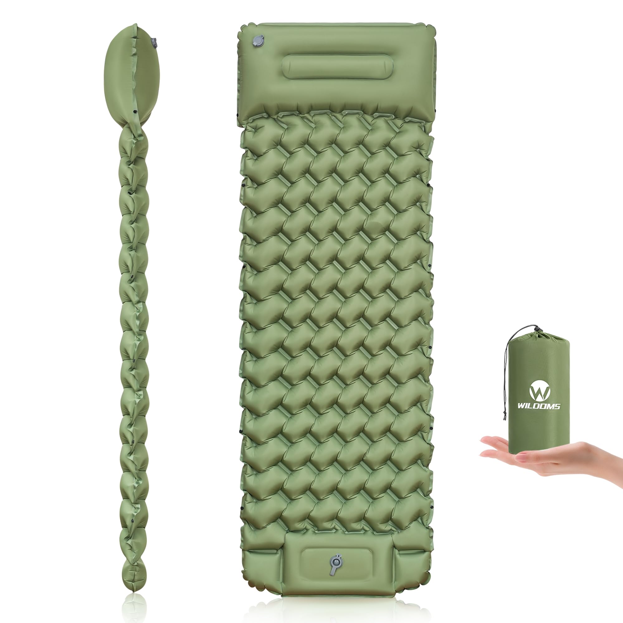 Photo 1 of WILDOMS Sleeping Pad for Camping - 4” Thick Inflatable Camping Mattress with Built-in Pump & Pillow, Ultralight Self Inflating Air Mattress, Backpacking Sleeping Mat for Hiking, Olive Green