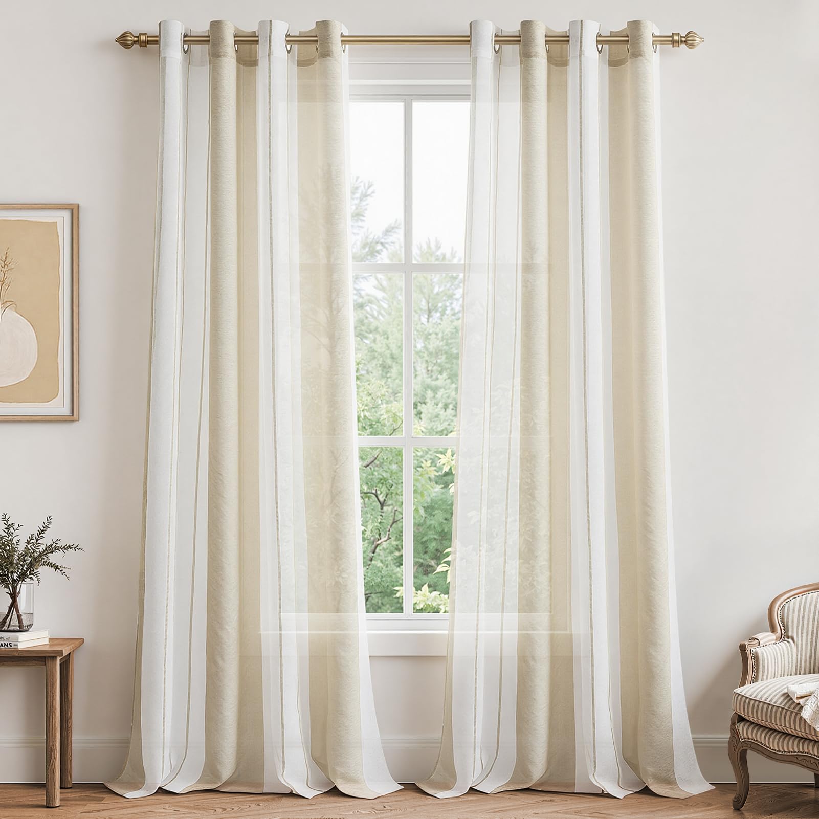 MRTREES Voile Curtains 102 Drop 2 Panels Cream and White Eyelet Voile Curtain with Stripe Design Semi Sheer Curtains For Kids Living Room Bedroom Kitchen Curtains 55x102 Inch 140x260 cm
