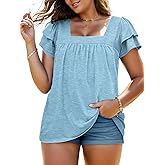 VISLILY Plus-Size-Summer-Tops for Women Petal Short Sleeve T Shirts Square Neck Tunics Flowy Pleated Blouses XL-5XL