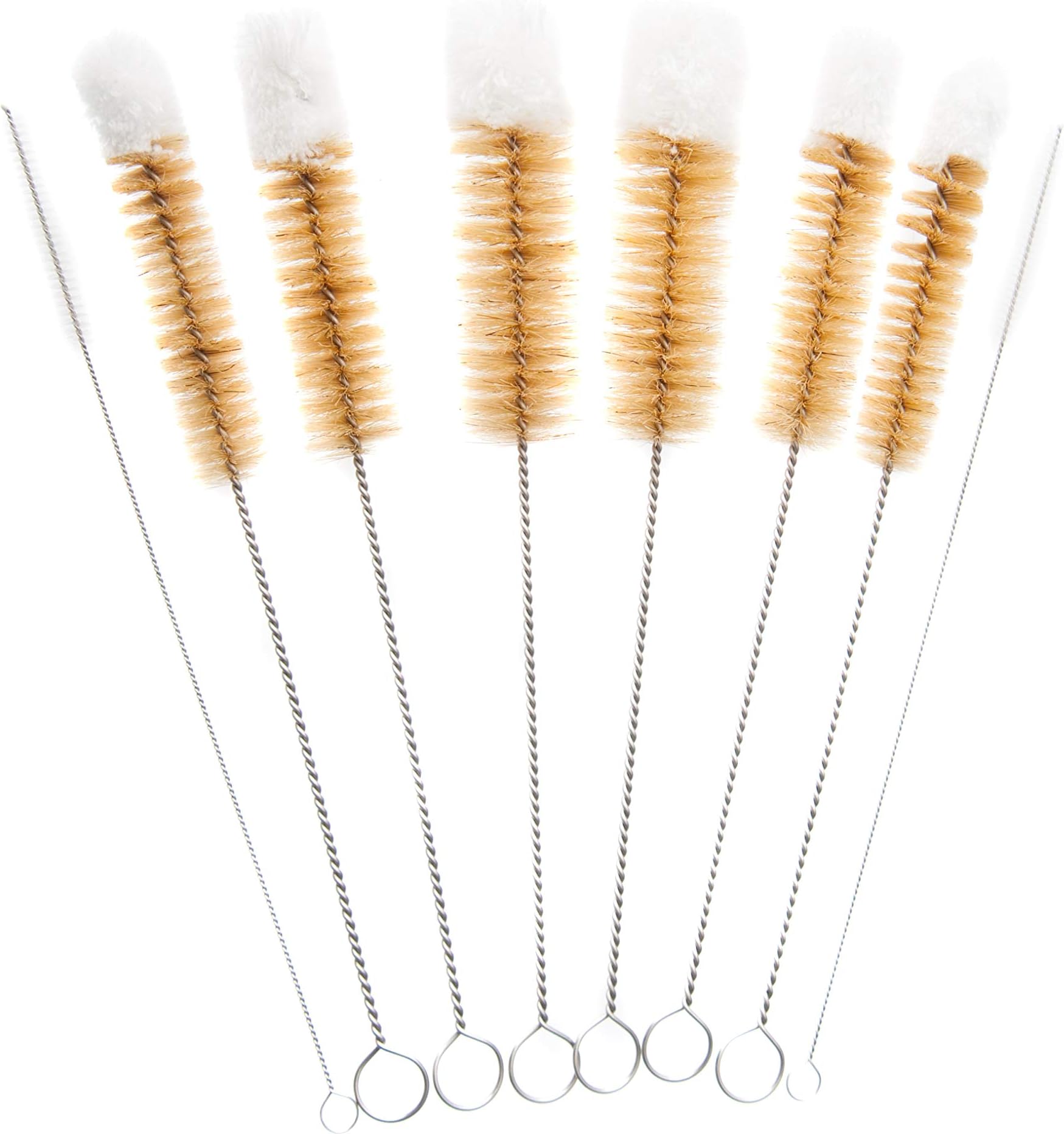 Soft Tipped Bottle or Decanter Cleaning Brush, Set of 6. Natural Bristles with Cotton Tip head. 2 Drinking Straw Brushes Included as a Bonus
