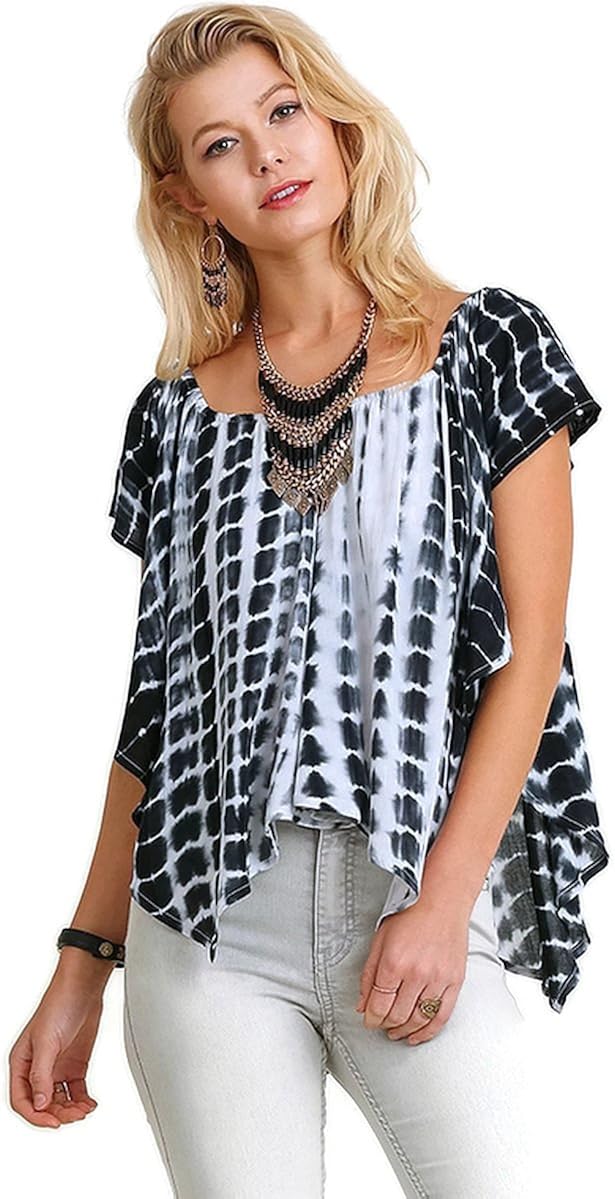 Umgee Women's Bohemian Tie Dye Print Top (Medium, Black) at Amazon
