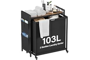 SAKSUN Laundry Hamper Sorter 2 Section 103L: Rolling Laundry Basket Organizer with Wheels & Shelf & Oxford Fabric Bags - Clothes Hamper with Shelf 2 Compartment for Room Organization and Storage