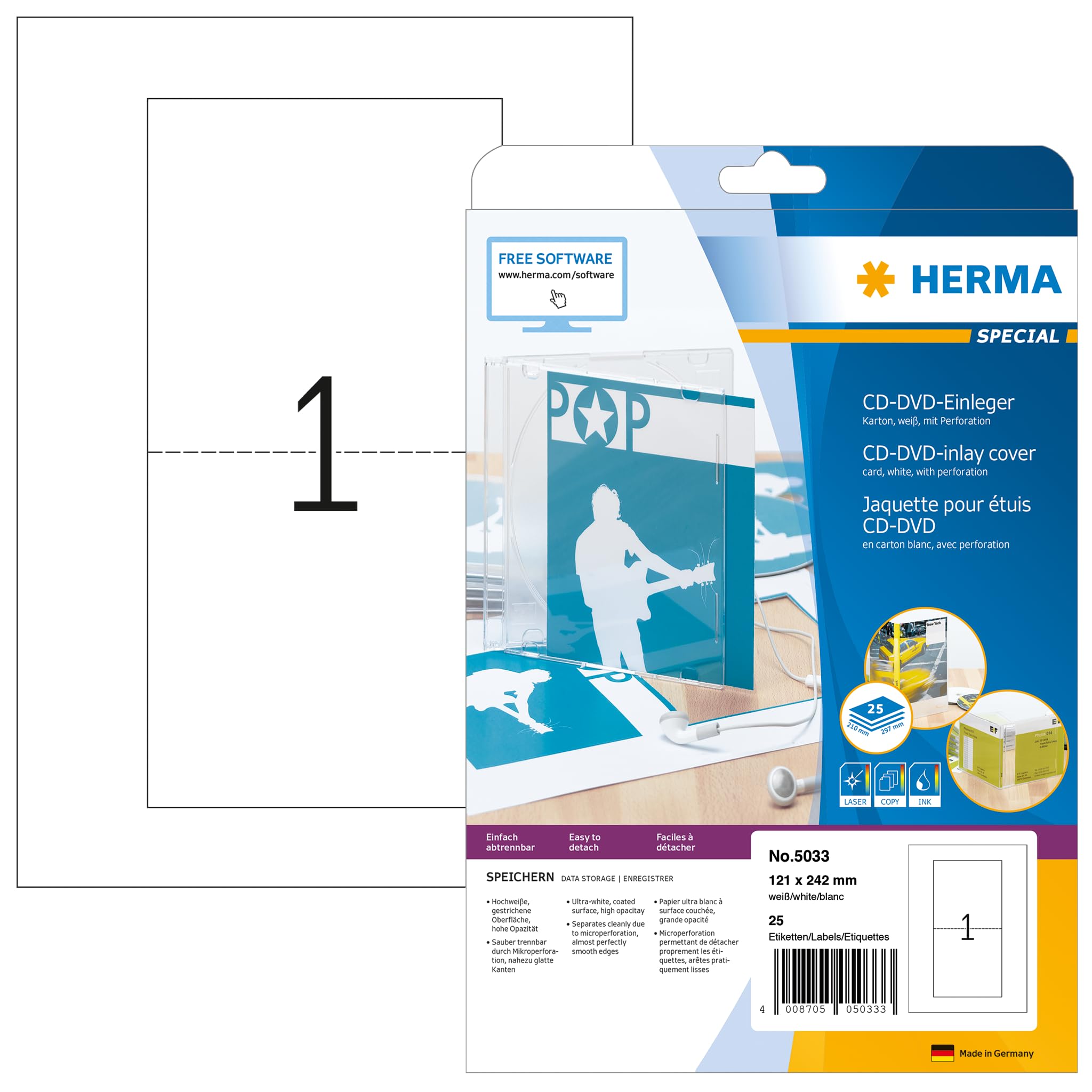 HERMA CD Slim Case Inserts, 1 Piece Labels per A4 Sheet, 25 Sheets, 121 x 242 mm, 25 Pieces, Blank CD Case Inlays, Printable Card Inserts for Laser & Inkjet Printer, White