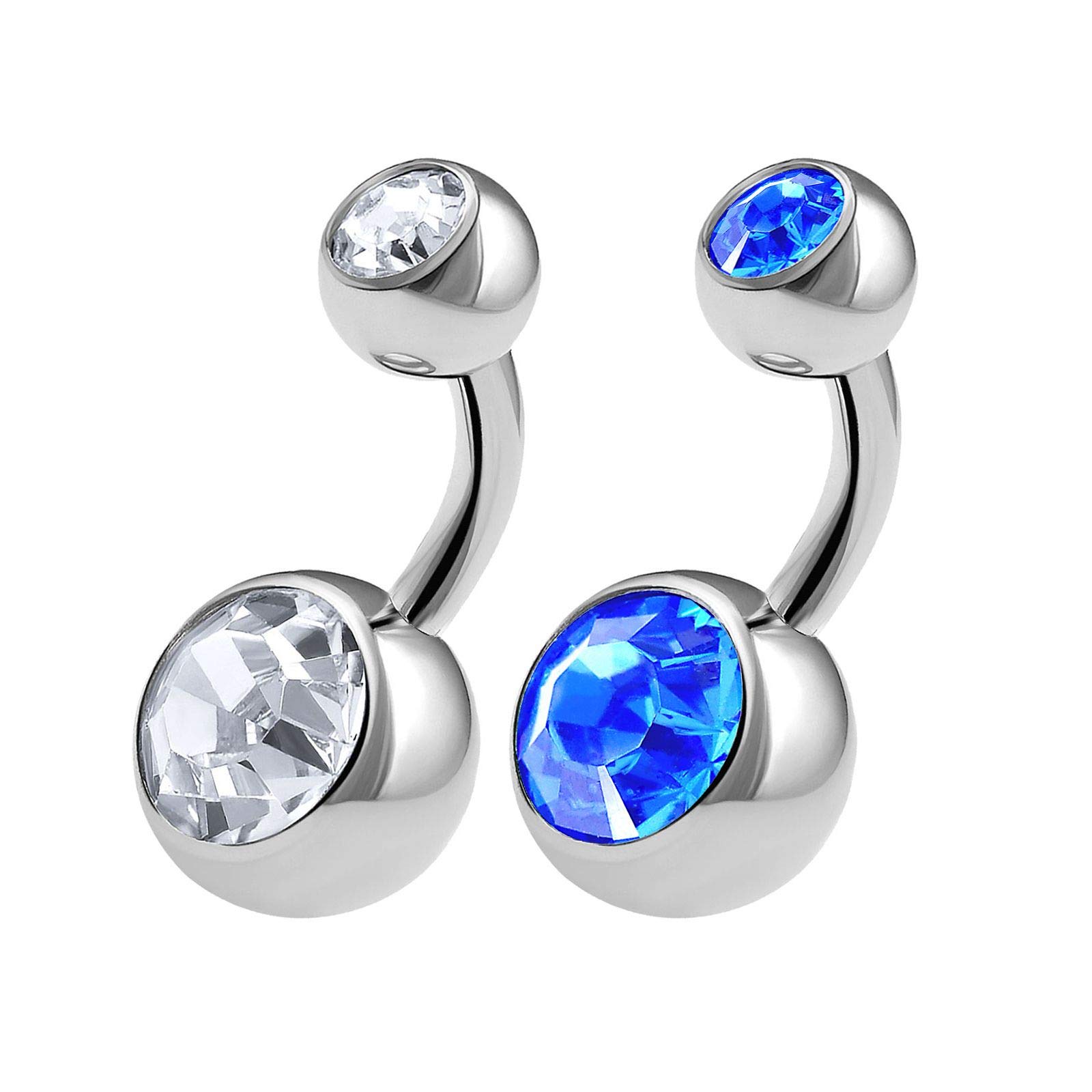 KJM FASHION 2PCS 316L Surgical Steel Short Belly Button Rings Studs 14 Gauge 1/4 6mm Sapphire Crystal Balls Navel Piercing Jewellery 0563