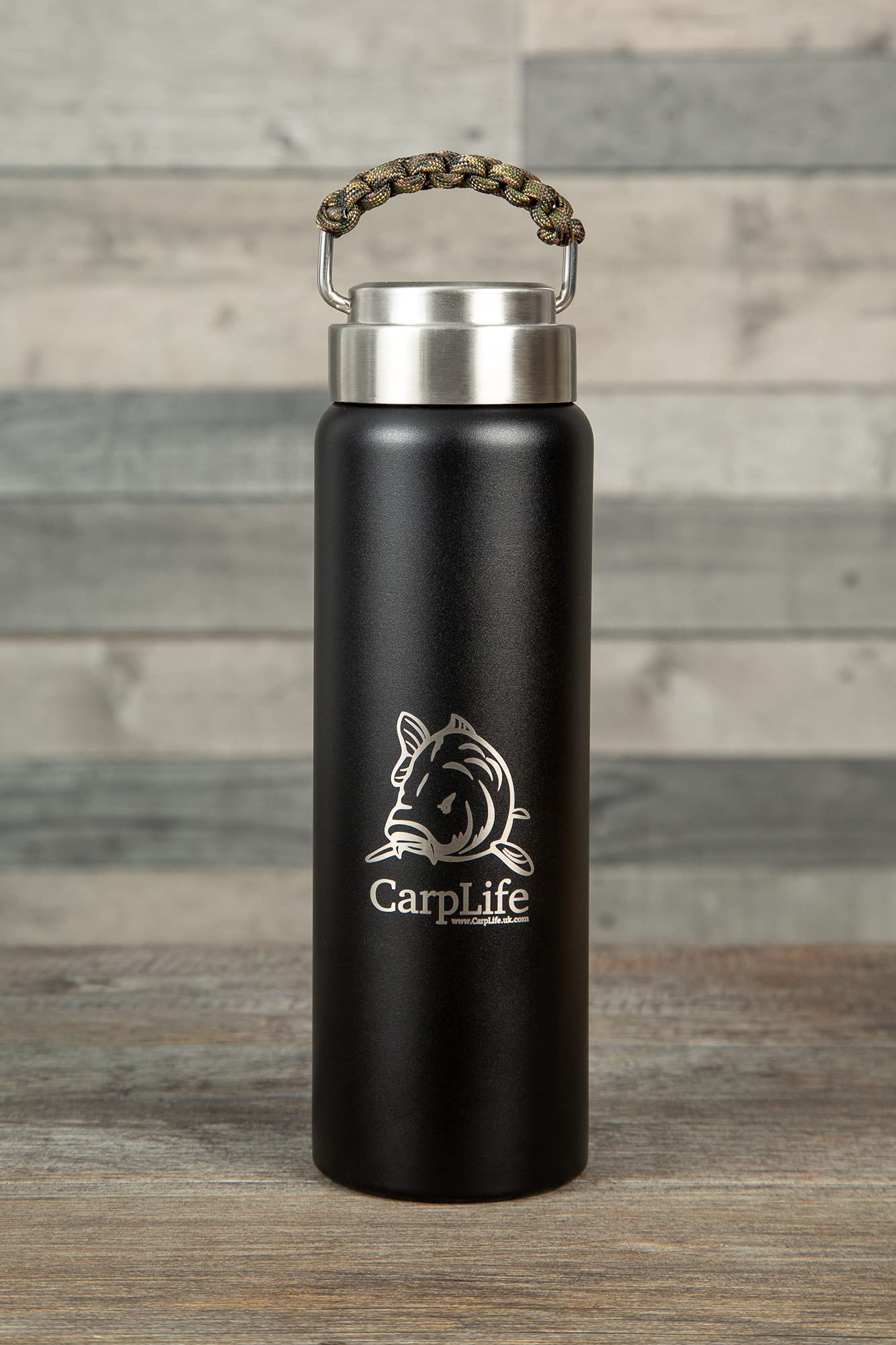 CarpLife Thermal Milk Flask - 600ml Capacity - Double Walled Stainless Steel Thermal Fishing Flask with Paracord Handle – Portable Coffee Tea Insulated Milk Bottle for Hot & Cold Drinks – Camo Handle