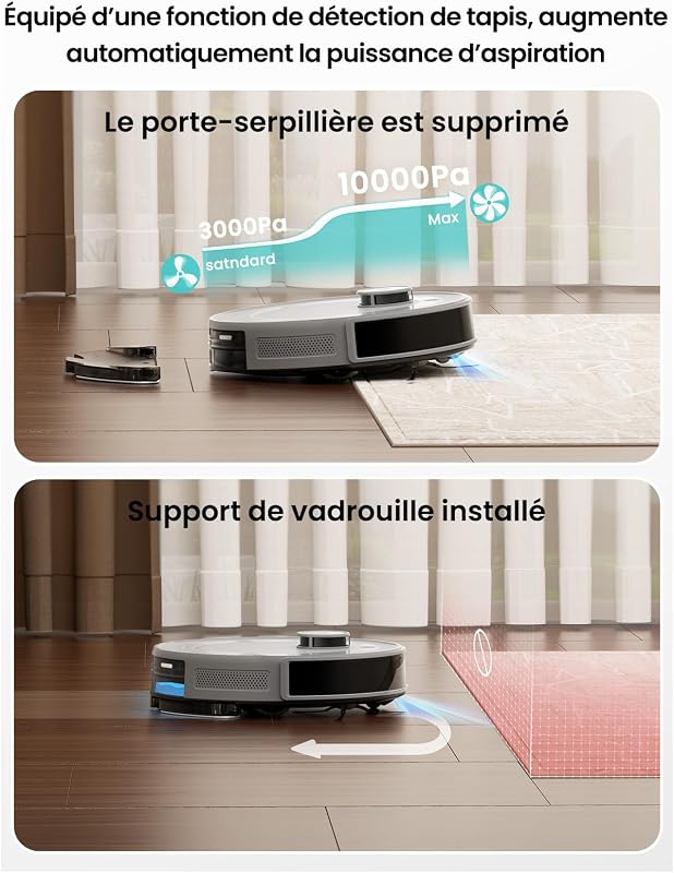 M2S Plus Aspirateur Robot avec Station, 10000 Pa d'Aspiration, Aspiration Automatique, Évite Obstacles, Auto-Charge Autonomie 240 Min, Poils d’Animaux, Tapis et Sols Durs, Alexa/App/WiFi, Gris