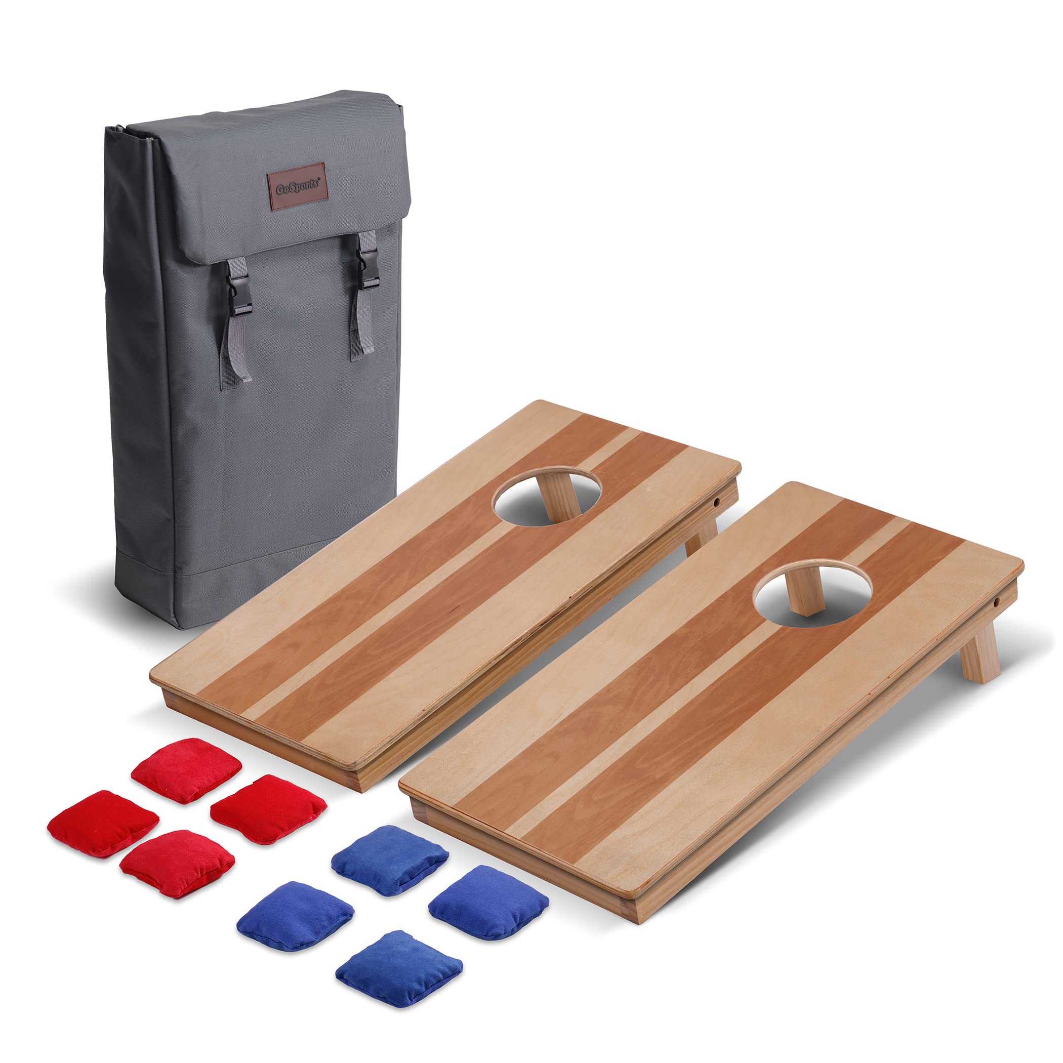 Photo 1 of GoSports 2 ft x 1 ft Backpack Cornhole Game Set, Includes 2 Premium Wood Travel Size Boards and 8 Mini Stick and Slide Bean Bags
