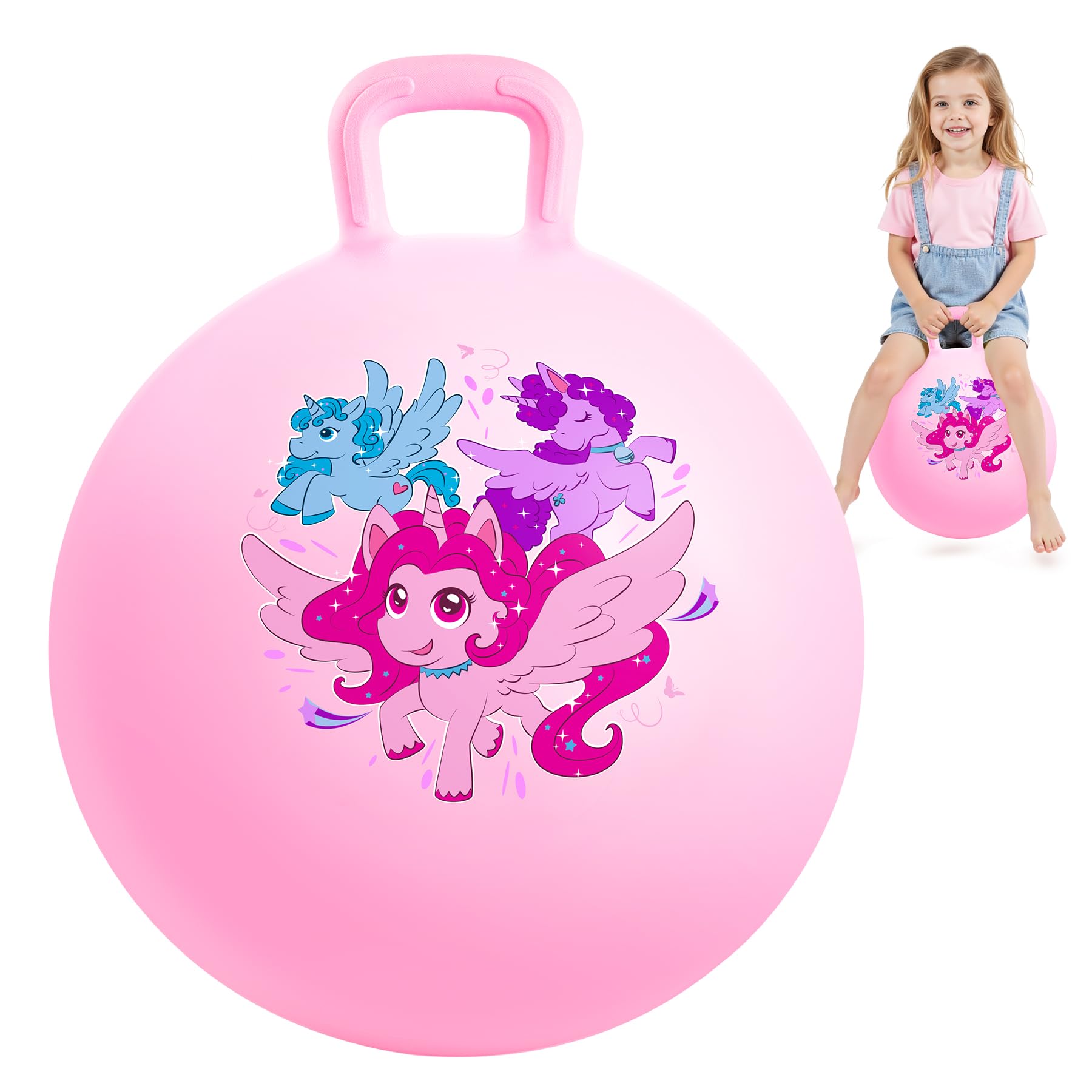 INPODAK 18inch Space Hoppers for Kids Age 3-8 Pink Unicorn Space Hopper Anti-slip Hopper Ball with Handle Inflatable Jumping Balls with Handpump Jumping toy for Boy Girls Indoor Outdoor Garden Game