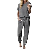 Ekouaer Womens Pajama Sets 100% Cotton Pajamas Short Sleeve Pj Top With Jogger Pants 2 Piece Lounge Set with Pocket