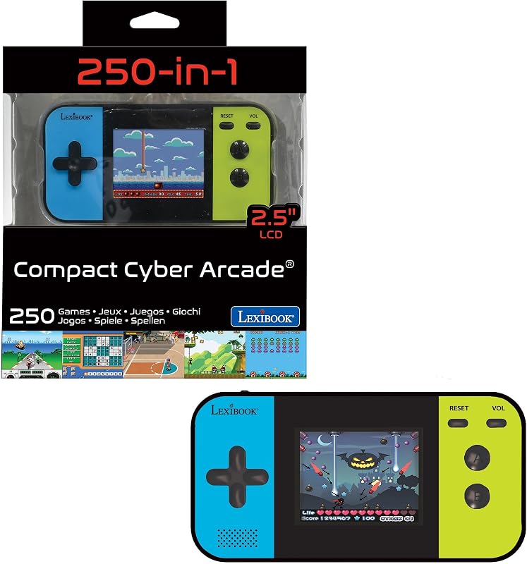 Compact Cyber Arcade Consola de Juegos portátil, 250 Juegos, LCD, con Pilas, Videojuego niño Adolescente, Negro / Azul / Verde, JL2377LXB
