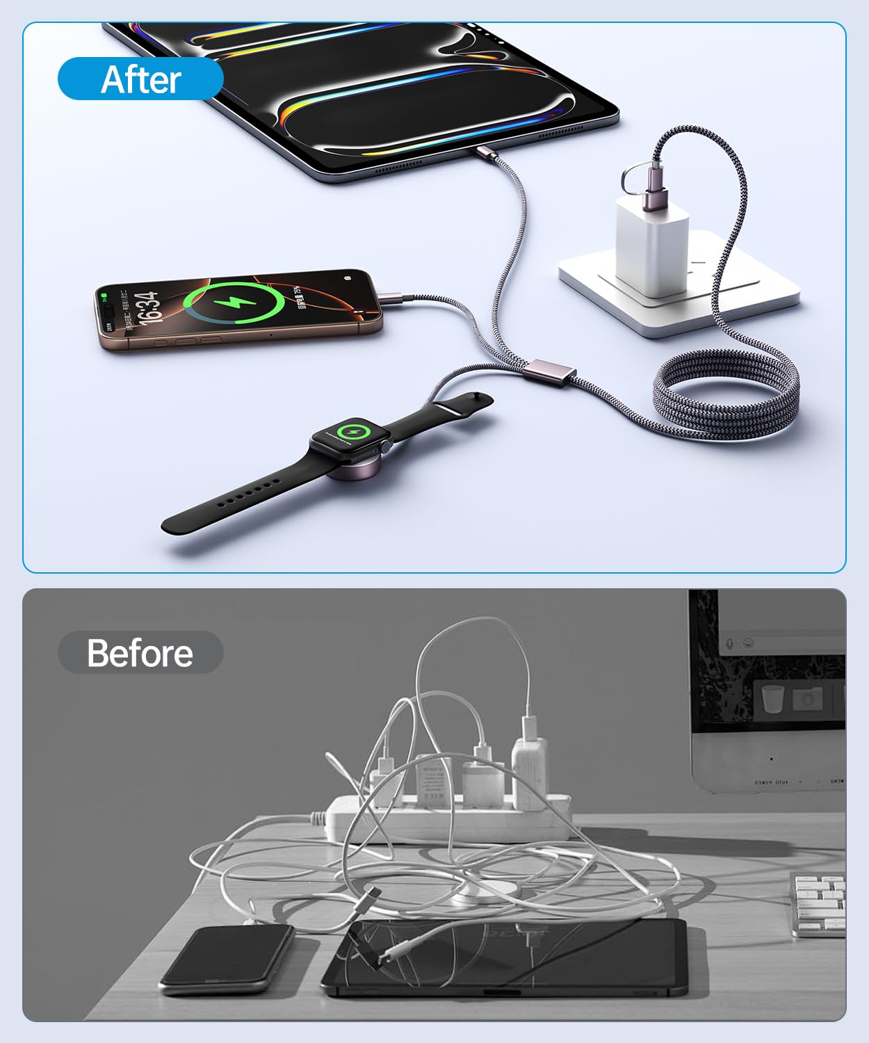 Wtinquik Travel Essentials, Multi Fast Charging Cable for Apple Watch Charger/iPhone Charger, 3 in 2 USB C Cable Cord Compatible with iWatch Ultra/SE/10-1/iPhone 16-11/Samsung S25-22, 4FT, Gray