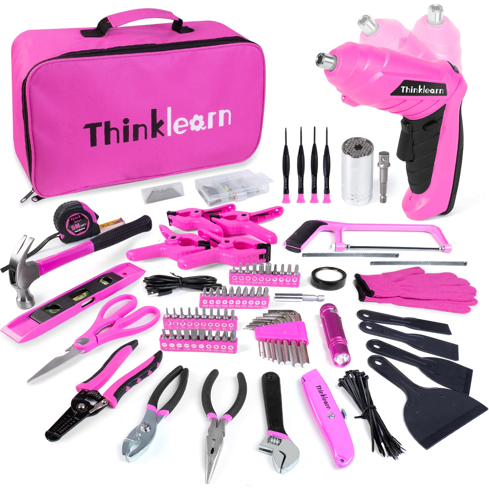 Pink 205-Piece Home Tool Set With 3.6V Electric Screwdriver, Universal Sockets, Storage Bag - Kit for Women, Gift, Home Repair, Dorm