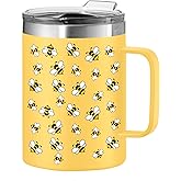 Oggi ThermoMug Stainless Steel Insulated Mug- Double Wall Vacuum Insulated w/Handle & Lid, Coffee Cup, Camping Mug, Travel Thermos, 14oz(420ml), Worker Bees
