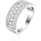 ENDLESSNESS & ETERNITY Baguette Ring Half Eternity 14K White Gold Plated Emerald Cut Cocktail Ring Cubic Zirconia CZs Simulated Diamond Stackable Wedding Band Ring Party Ring