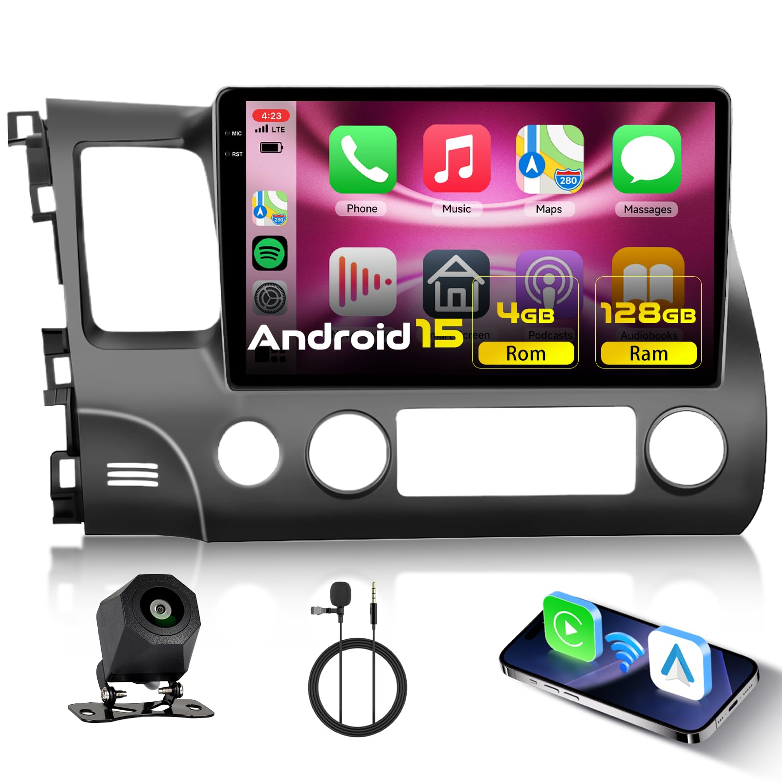 Photo 1 of [4+128G] Android 15 Car Radio Stereo for Honda Civic 2006-2011 with Wireless CarPlay & Android Auto, 10.1 Inch in-Cell Screen Car Auido with AHD Backup Camera GPS WiFi FM RDS Radio EQ SWC