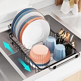 iSPECLE Dish Drying Rack Over the Sink - Expandable Rust-Resistant Drainer | Twist-Lock Adjustment, Removable Utensil Holder, Handles with Non-Slip Beads, Space-Saving for Kitchen Apartment, RV
