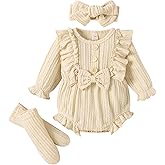 Kodaruber Newborn Baby Girl Outfit Clothes Ruffle Long Sleeve Sweater Romper+Headband+Socks Fall Winter Outfits for Girls