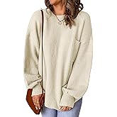 SunnyMelody Womens Oversized Pocket Sweater Fall 2025 Trendy Ribbed Knit Crew Neck Long Sleeve Side Slit Pullover Tops