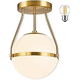 Bagood Globe Semi Flush Mount Ceiling Light Mid Century Modern Globe Ceiling Light Fixture with Milk Glass Shade Brass Finish