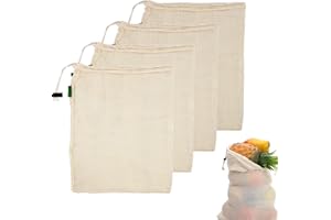 Produce Bags,4 Pack Reusable Produce Bags,Natural Mesh Cotton,Zero-Waste Produce Bags,Can be Used for Grocery Shopping