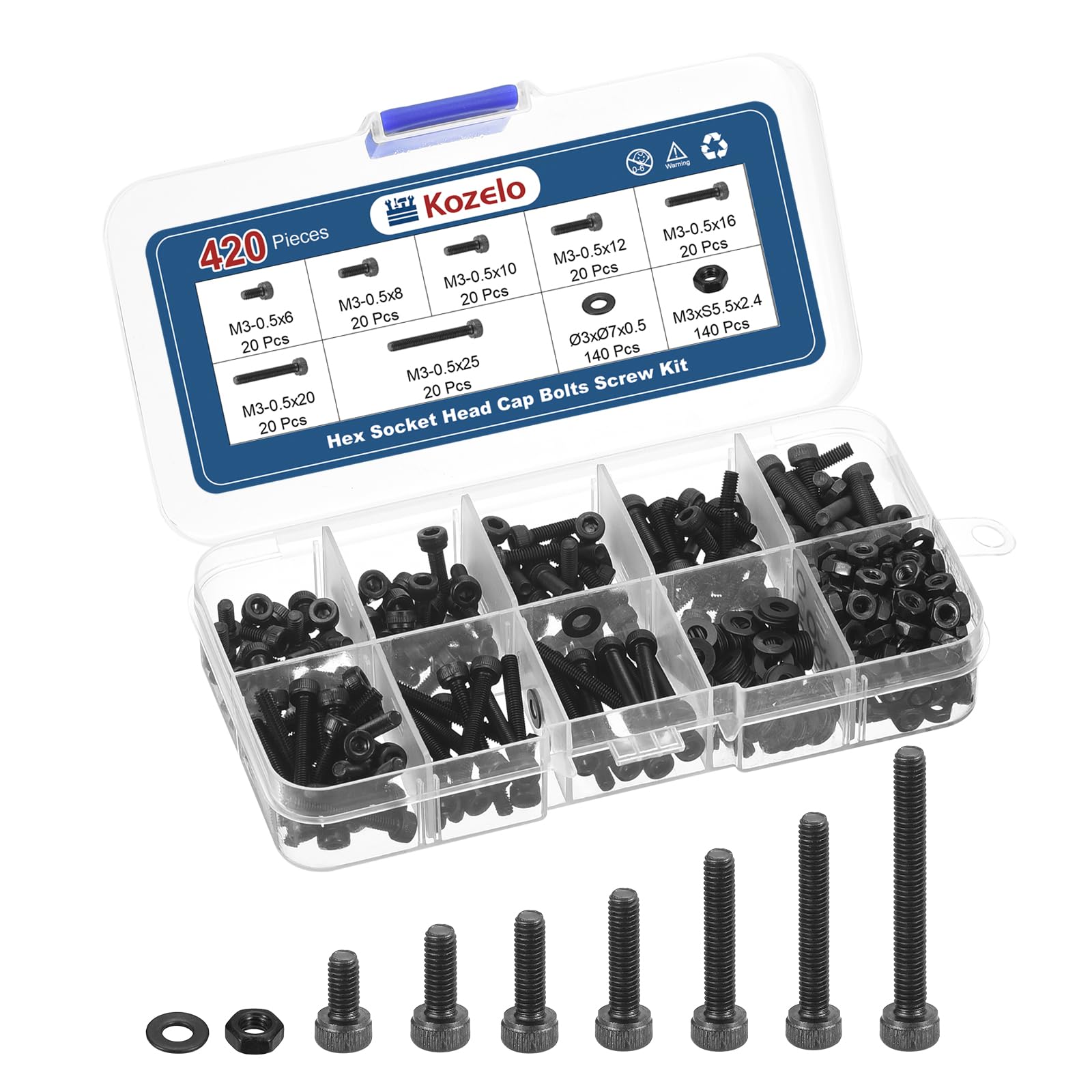 Kozelo 420pcs M3 Socket Head Cap Screws Bolts Nuts Assortment Kit - [M3x6/8/10/12/16/20/25mm] Alloy Steel Fully Threaded Black Oxide 12.9 Internal Hex Screw for 3D Printer Use