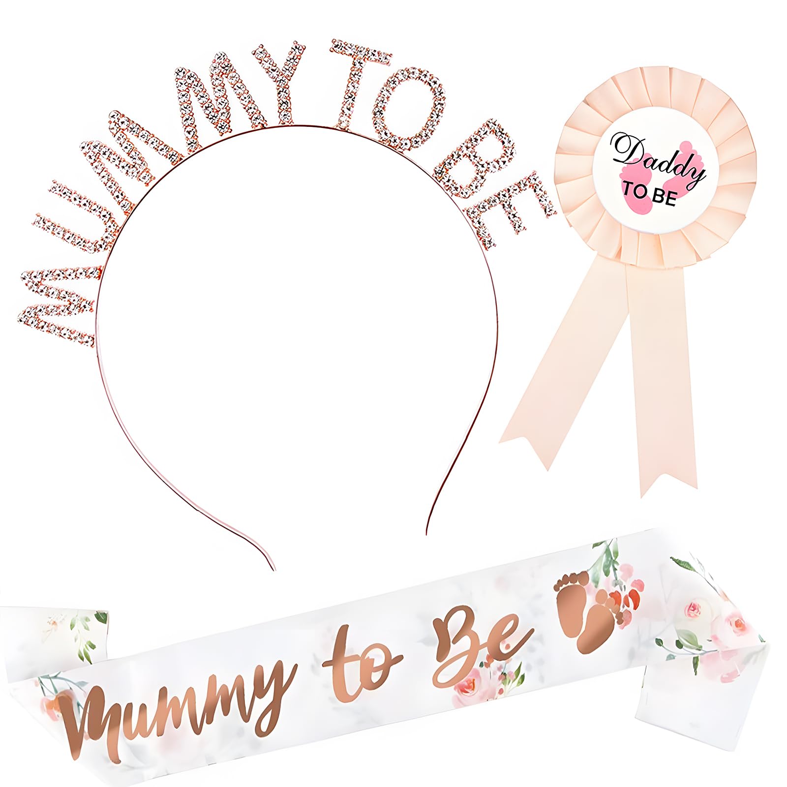 Foyscr 3 Pack Mummy to Be Sash Set, Baby Shower Favors, Sage Green Yarn Satin, Botanical Pattern, Shimmering Rose Gold, Mum to be Gifts for Baby Shower Decorations