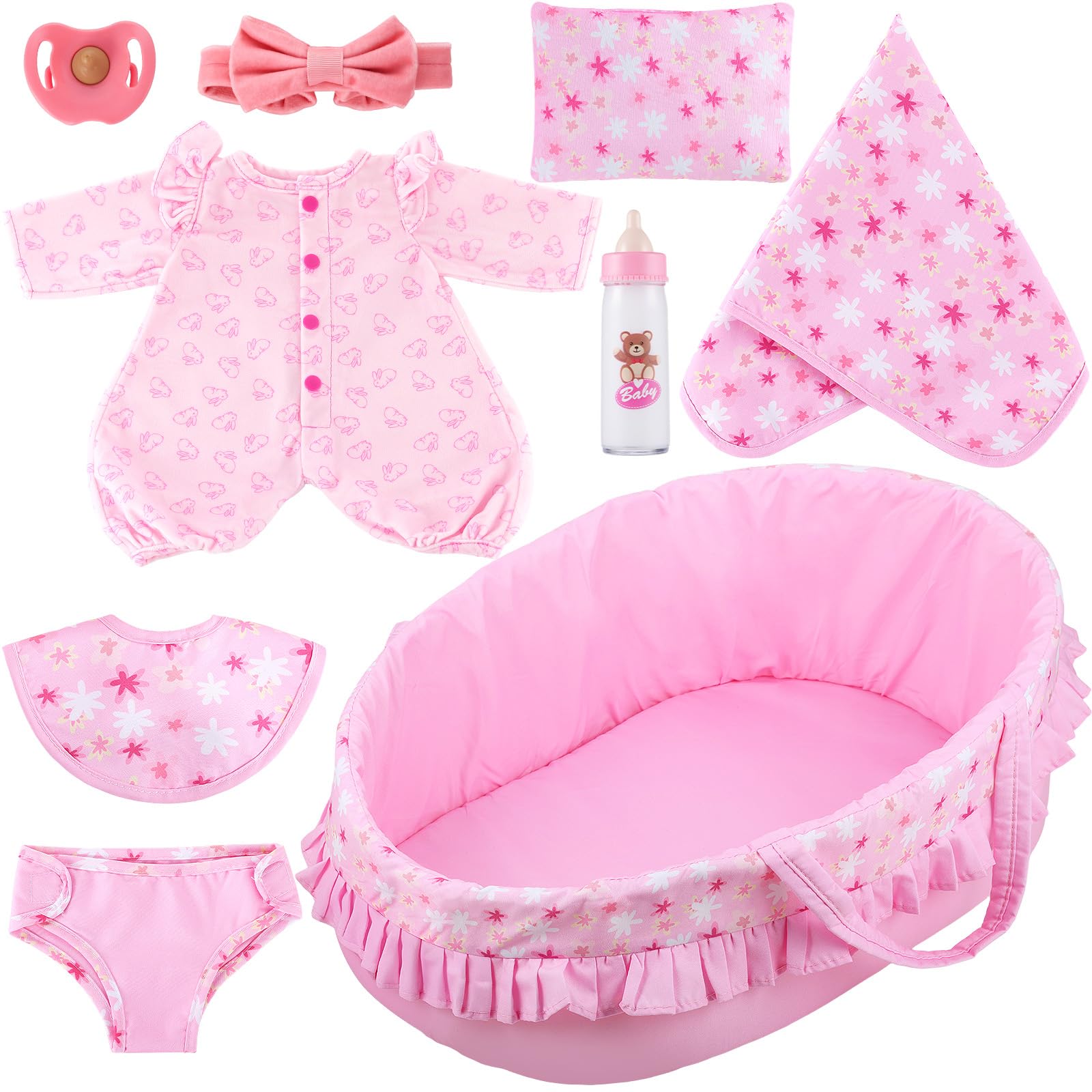 GAGAKU Baby Doll Accessories, 18 Inch Baby Dolls Carrier Cot - Portable & Foldable 45cm Reborn Baby Doll Cot Set with Soft Padding for Girls & Kids - Pink