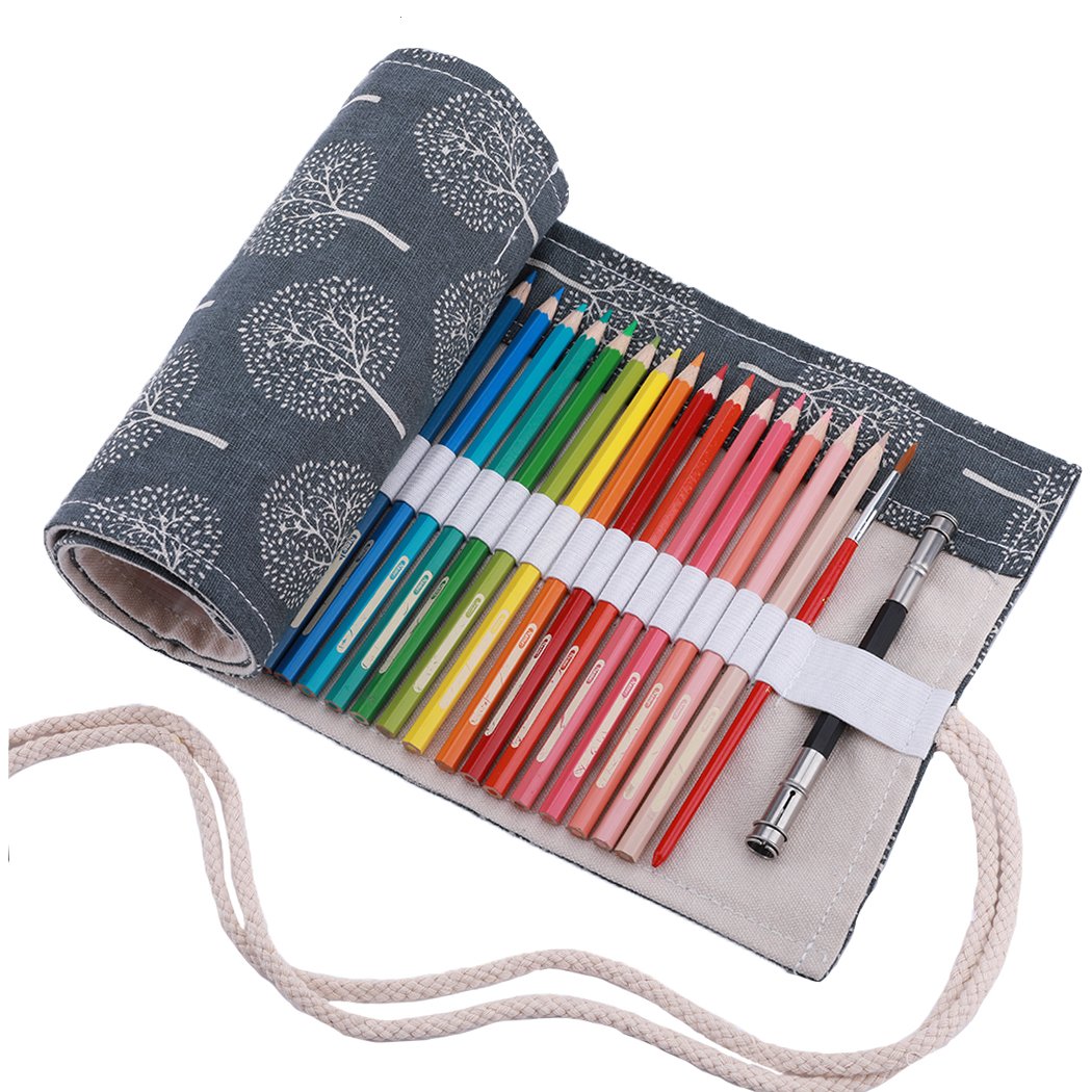 Amoyie Roll Up Pencil Case for 48 Coloured Pencils, Foldable Colouring Pens Organiser Bag, Artist Wrap, Canvas Holder, Grey Tree