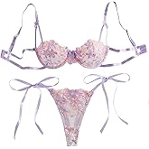 Lilosy Sexy Tie Side Cute Underwire Push Up Strappy Embroidered Mesh Sheer Lingerie Set