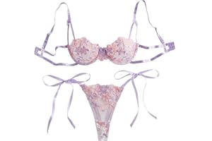 Lilosy Sexy Tie Side Cute Underwire Push Up Strappy Embroidered Mesh Sheer Lingerie Set