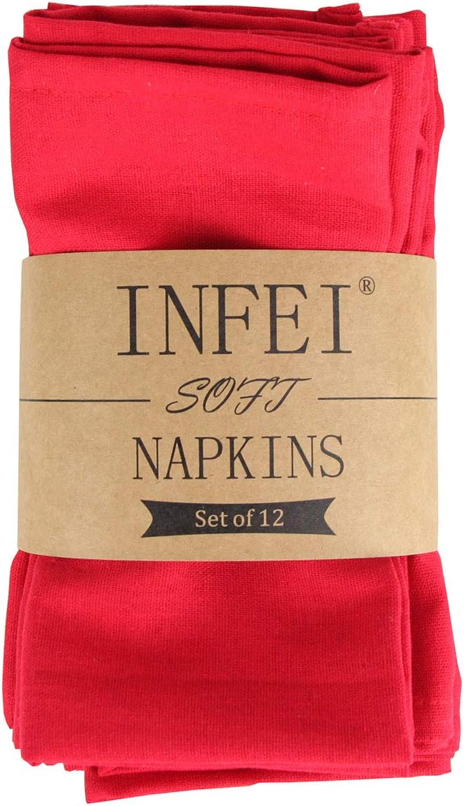 INFEI Soft Solid Color Linen Cotton Dinner Cloth Napkins - Set of 12 (40 x 40 cm) - for Events & Home Use (Red)