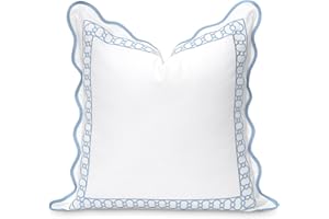 Hofdeco Premium Coastal Patio Indoor Outdoor Scalloped Throw Pillow Cover Only, 20"x20" Water Repellent for Backyard, Couch, Baby Blue Embroidered Begonia Pattern Chain Frame