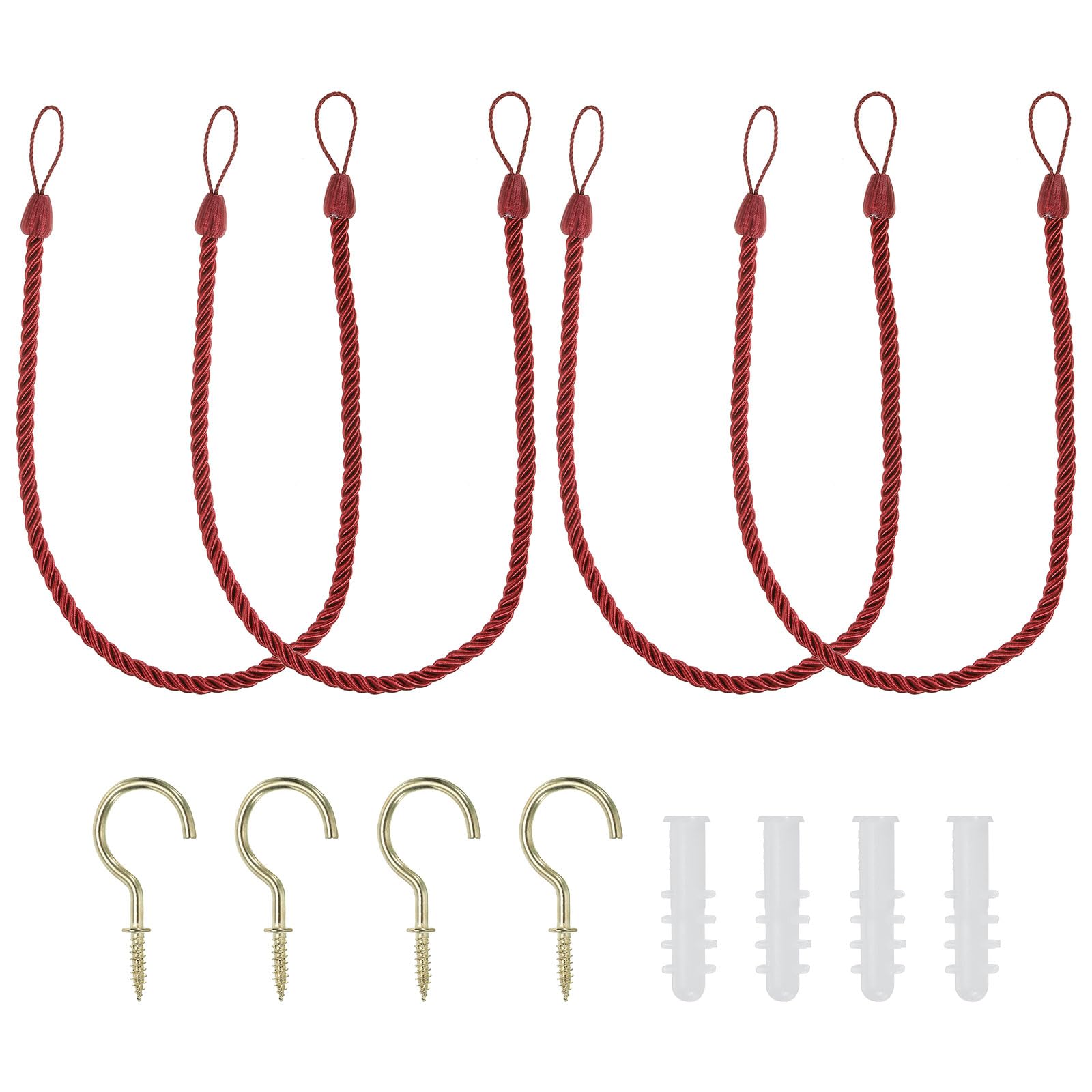 PATIKIL Curtain Tiebacks Ropes, 4 Pack Decorative Tie Backs Braided Curtain Holdback Cord for Home Office Decor, with Screw Hooks & Bolts, Red