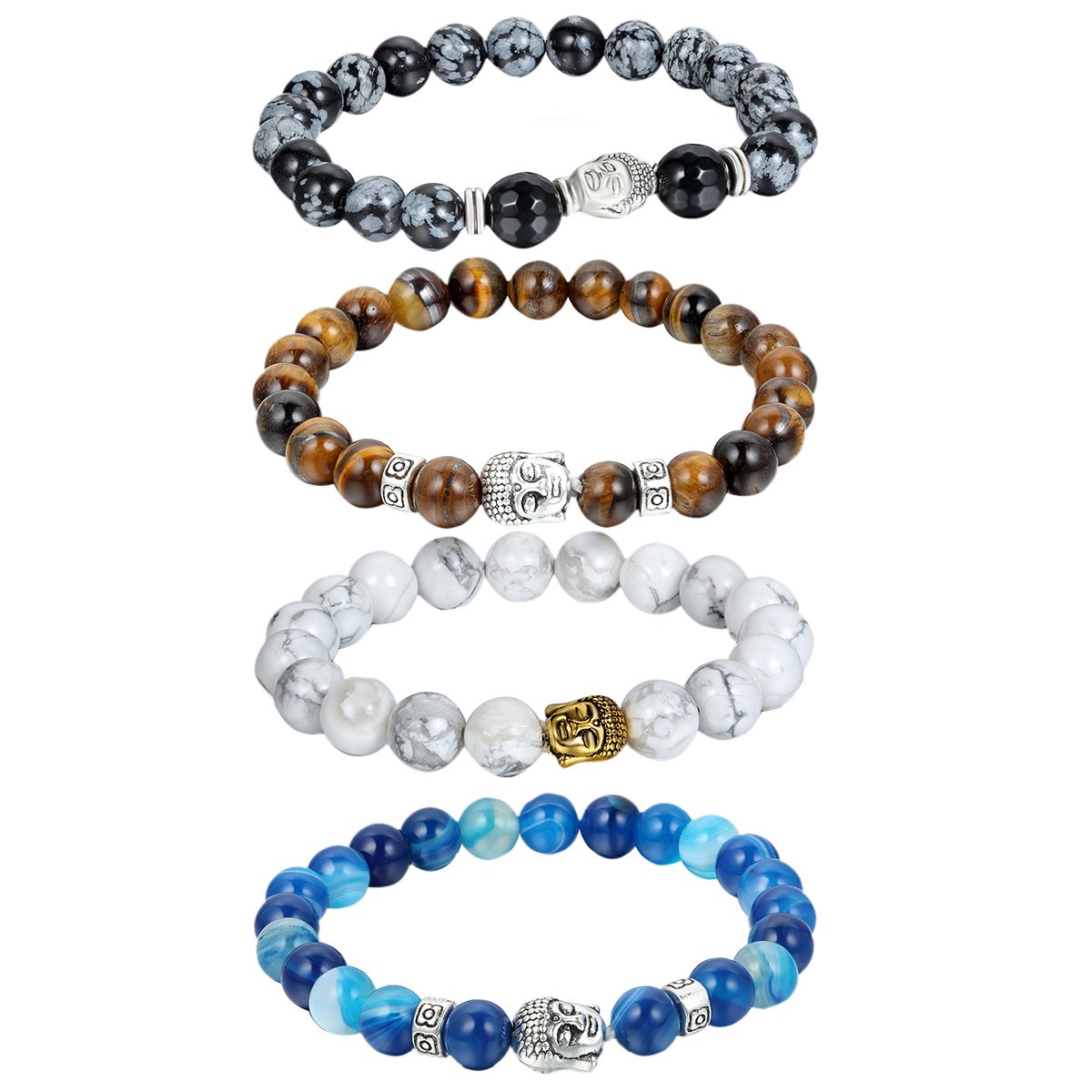 Cupimatch 4Pcs Mens Womens Imitation Turquoise/Agate/Alabaster Stone Buddha Head Charm Mala Beaded Stretch Bracelets