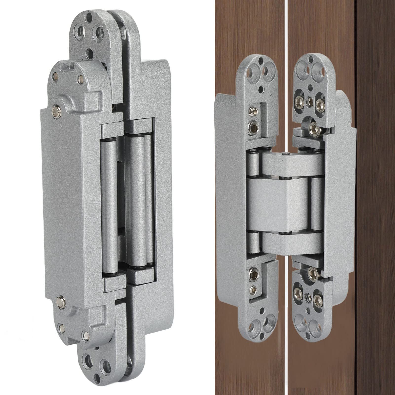 Hidden Door Hinges, Invisible Flush Cupboard Hinge 180 Degrees Adjustable Cross Silver Hinges for 35mm-850mm Door