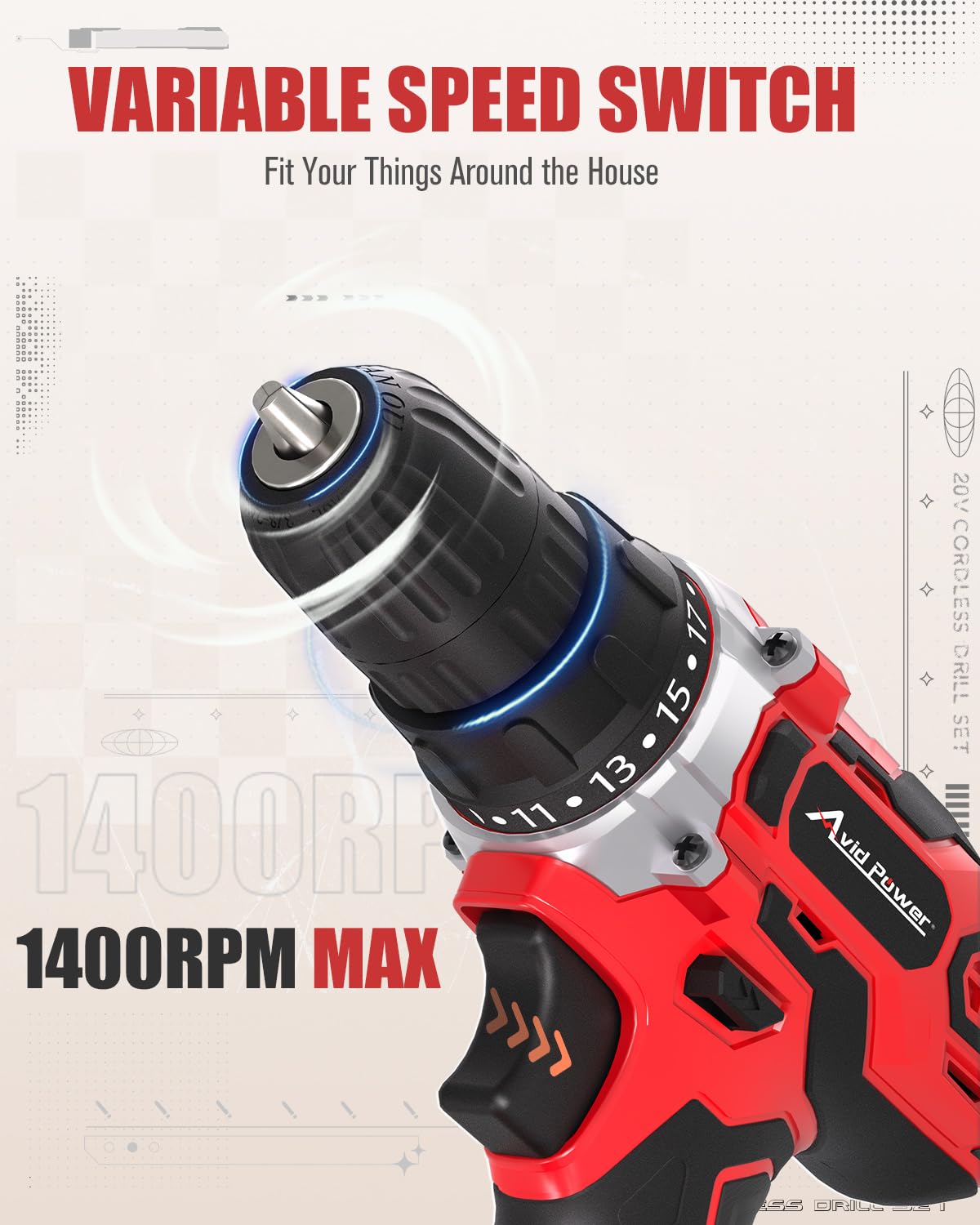 AVID POWER 20V MAX Power Drill Kit, Cordless Drill Set with Battery and Charger, 2 Variable Speed, 3/8-Inch Keyless Chuck, 19 Position and 22pcs Bits