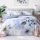 Heymybed Floral Comforter Set Queen Size, 3 Pieces Elegant Blue Floral Bed in a Bag, Soft Microfiber Botanical Flower Bedding Set with 2 Pillowcases for All Season 90"×90"