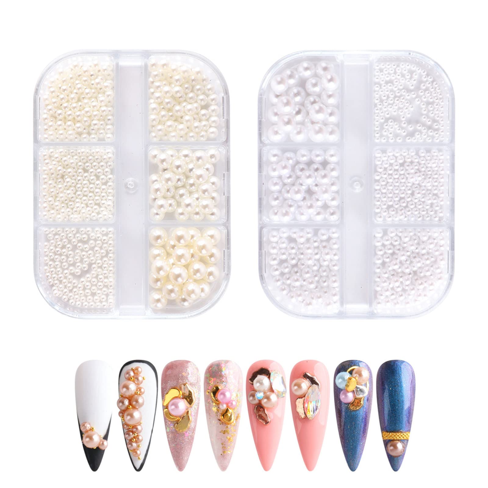 Pearl Nail Charms,2 Boxes 6 Grids Round Imitation Pearl Beads for Nails,Manicure Decorations Pearls for DIY 3D Nail Design (Nail Pearls Nail Art)