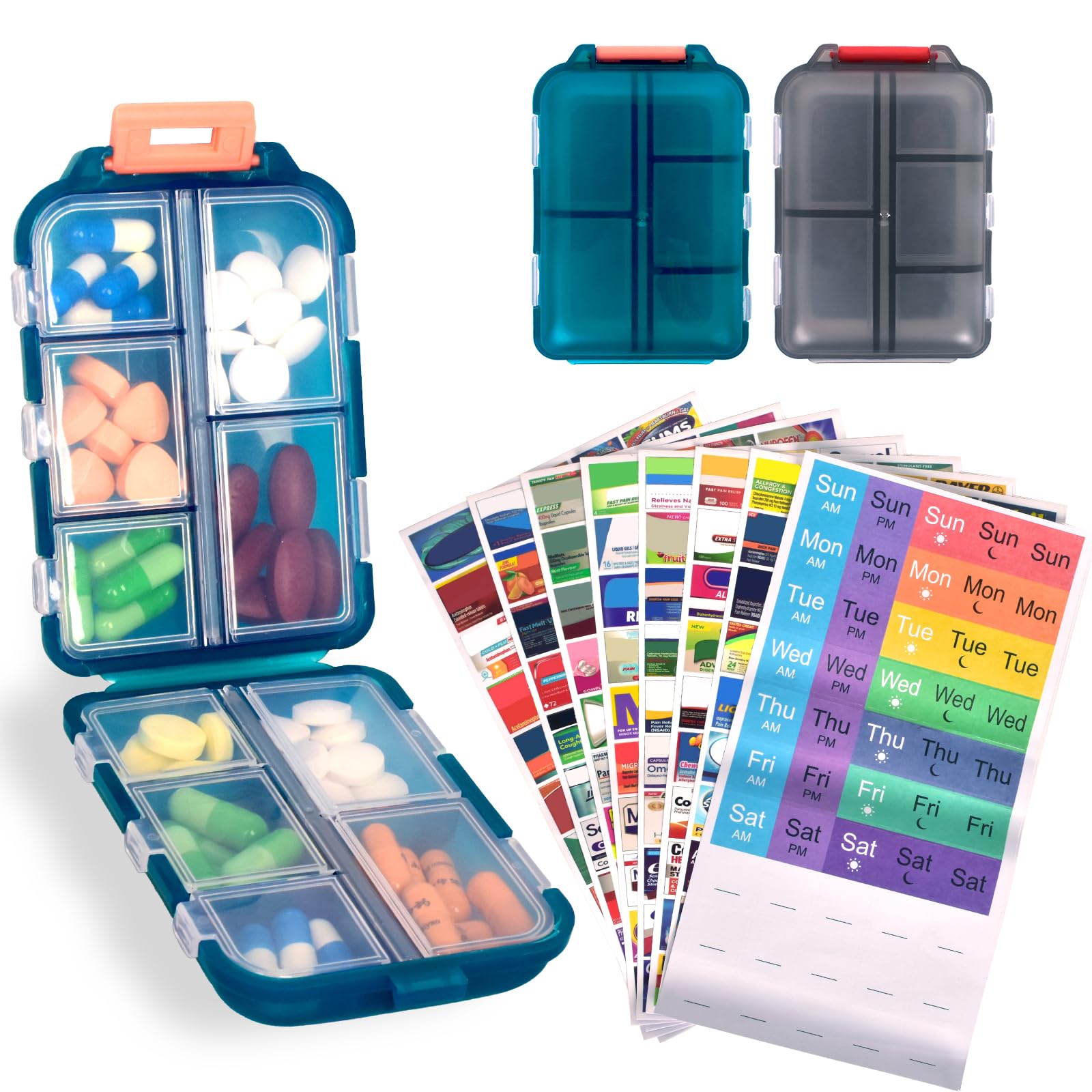 Photo 1 of 2 Pcs Travel Pill Organizer with Labels, Portable Travel Medicine Daily Pill Container Organizer 7 Day Pill Case Storage Vitamin Fish Oil (Blue & Gray, 320 Medicine Lables)