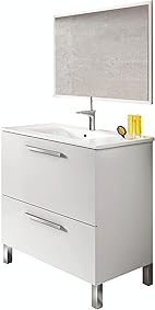 Mueble lavabo de baño o aseo con lavamanos cerámico y espejo, con marco a juego incluido, puerta abatible y cajón amortiguado color blanco brillo 80x80x45 