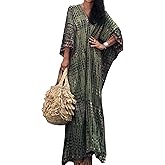 Moss Rose Women Summer Caftan Coverups Dress Kimono Beach Vacation Wear V Neck Print Maxi Boho Dress