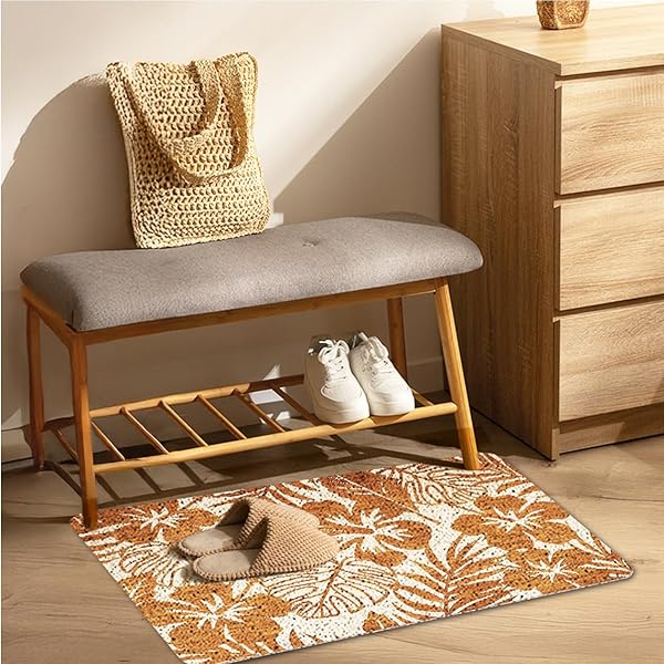 WARDOS BOHO BOTANICAL DOOR MAT, BEIGE TROPICAL MONSTERA LEAF FLORAL DOORMAT FOR FRONT DOOR INDOOR OUTDOOR ENTRANCE PORCH, NEUTRAL BOHO WELCOME MAT OUTSIDE, BOTANICAL BATHROOM DECOR, 17X30 INCHES