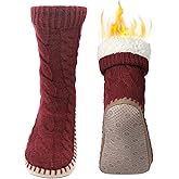 Slipper Socks for Women Grippers, Black Thick Lined Knit Slipper Sock With Sole Non Skid Bottom, Indoor House Fuzzy Slipper Sock for Hospital Floor, Christmas Slipper Socks for Family, Large Size 9-11