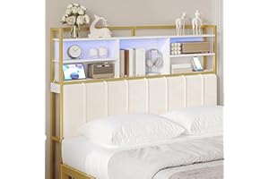 Hzuaneri Headboard with 3-Tier Storage Shelves, Velvet Upholstered Head Board with 2 Outlets, USB Ports & LED Light, Soft Backrest for Queen Size Bed, White and Gold BH15203AV1