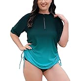 Halcurt Women's Plus Size Rash Guard Short Sleeve Swim Shirts with Tie Drawstring Half Zip UPF50+ Swimsuit Top