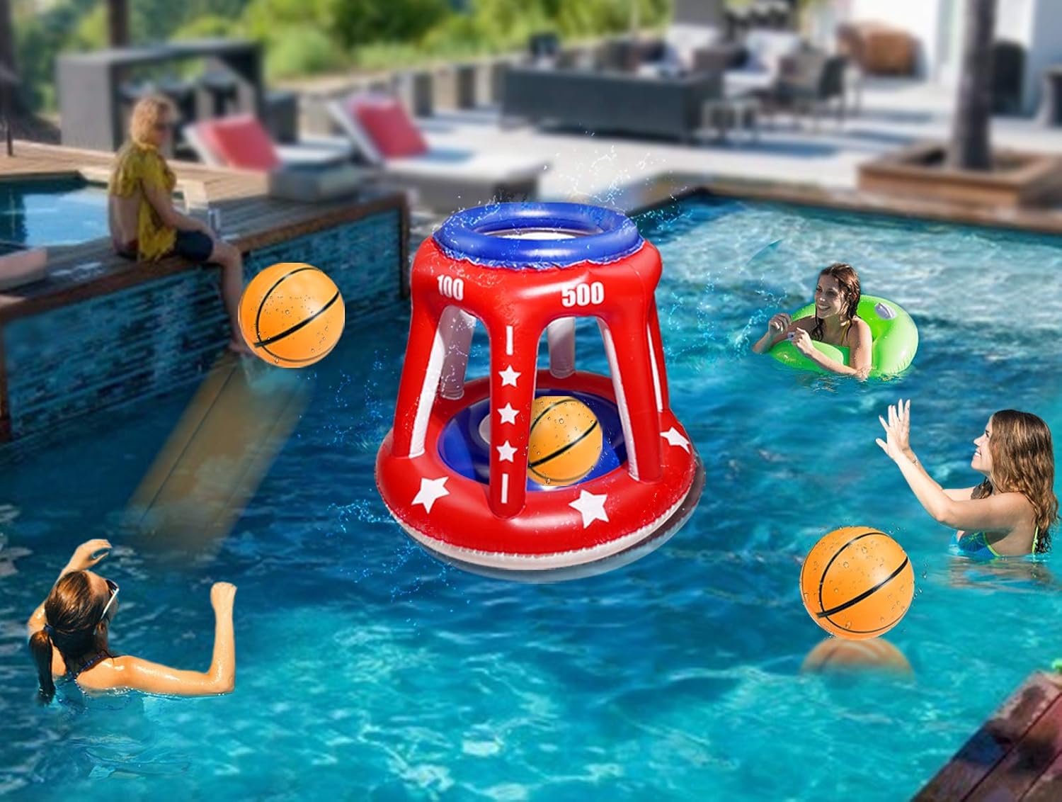 TURNMEON 4 In 1 Set Giant 36'' Inflatable Pool Basketball Hoop with 3 Balls 6 Score Hole Swimming Pool Party Game Toys Kids Adults Family Volleyball Beach Ball Toss Game Summer Outdoor Water Toy Sport: Sports & Outdoors