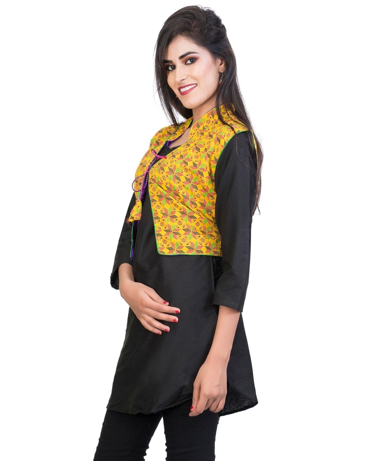 banjara women's poly cotton india kutchi printed jacket (yellow, free size)