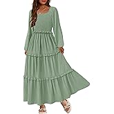 HOSIKA Girls Fall Long Sleeve Swiss Dot Smocked A-Line Ruffle Tiered Flowy Maxi Dress with Pockets 6-12 Years