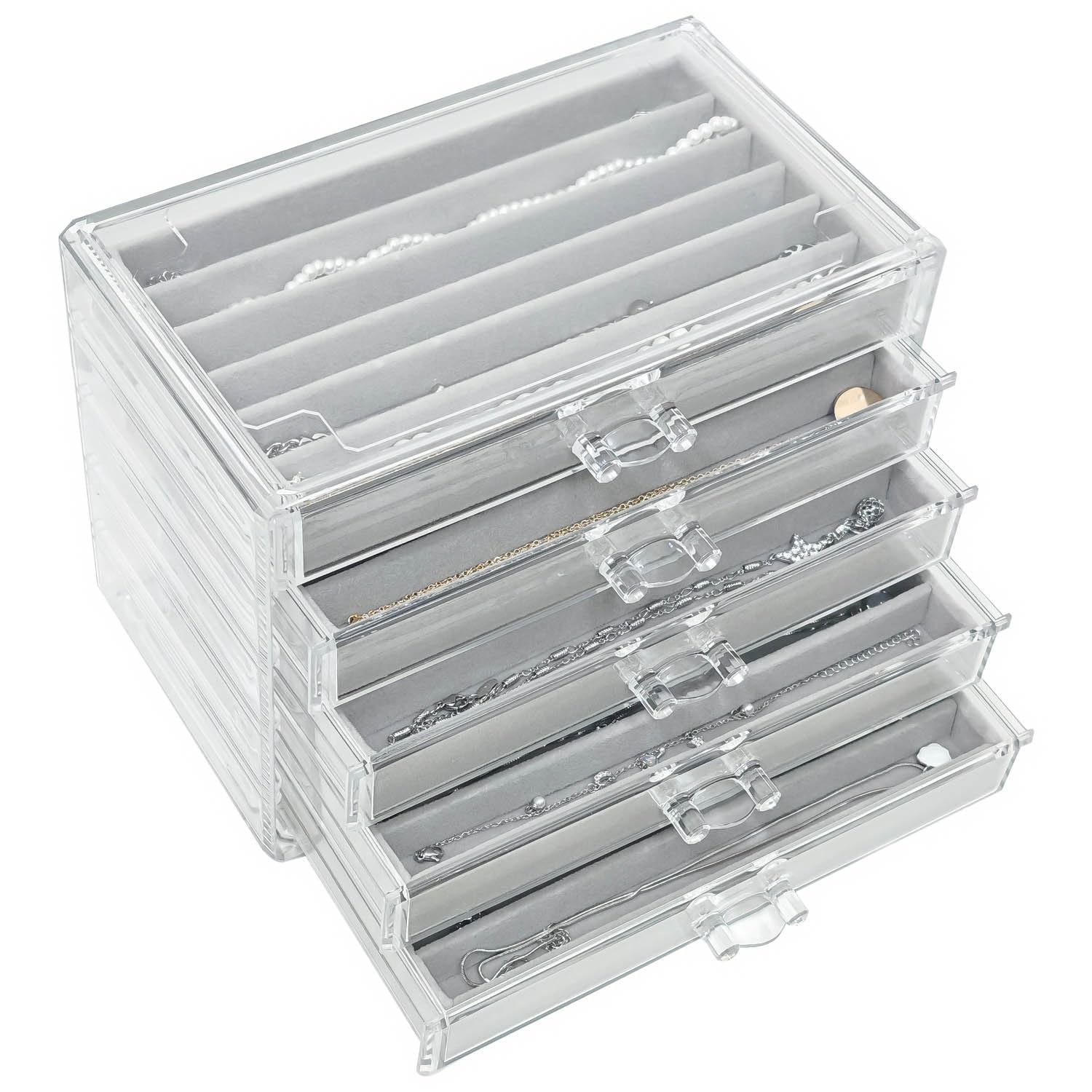 Photo 1 of Necklace Organizer Box 5 Drawers Necklace Holder Organzer with 30 Compartments Velvet Necklaces Display Case with Lid Acrylic Jewelry Organizer for Necklace Pendant Chains (Grey)